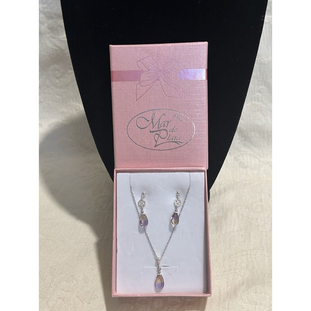 Mar de Plata Sterling Silver Lavender Ombre Quartz Pear Dangle Jewelry Set Boxed